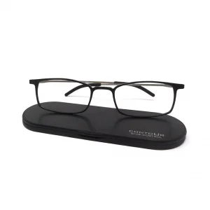 Gafas de lectura modelo Zinc en color negro sobre su estuche de aluminio ultrafino Contour