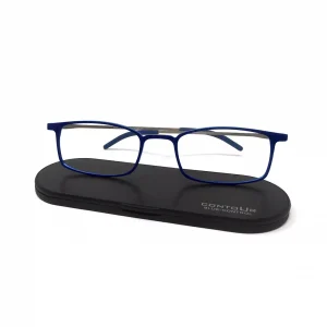 Occhiali da lettura modello Zinc in blu su una custodia in alluminio ultrasottile. Contour