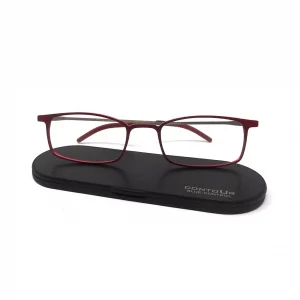 Gafas de lectura modelo Zinc en color rojo sobre su estuche de aluminio ultrafino Contour