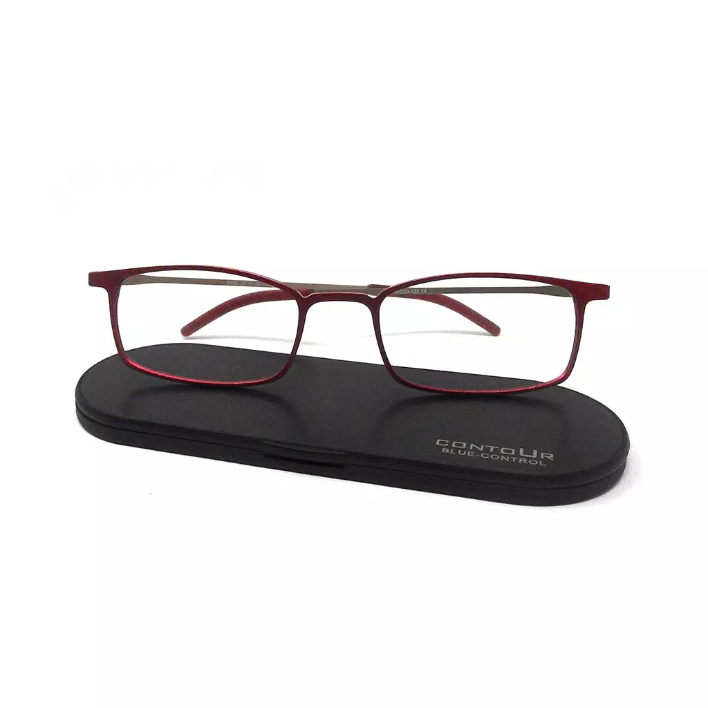 Gafas de lectura modelo Zinc en color rojo sobre su estuche de aluminio ultrafino Contour