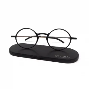 Gafas de lectura modelo Zipo en color negro sobre su estuche de aluminio ultrafino Contour