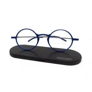 Gafas de lectura modelo Zipo en color azul sobre su estuche de aluminio ultrafino Contour