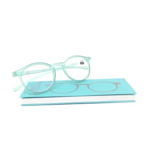 Glasses model Castor on its book-shaped case, in green color.